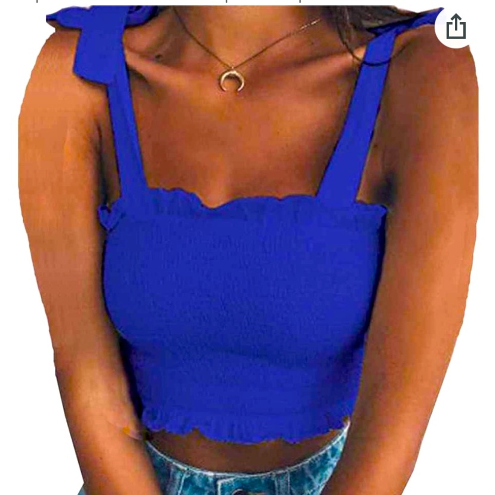 Blue smocked tie crop